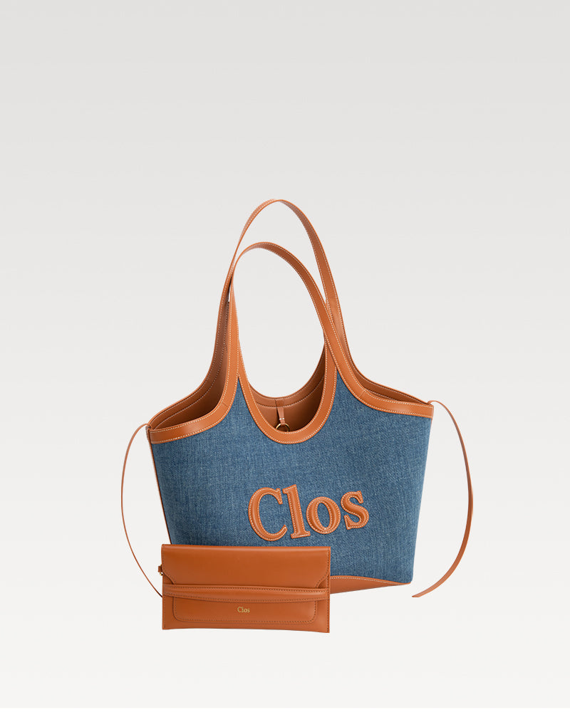 Vastote series top-grain leather and denim patchwork tote bag