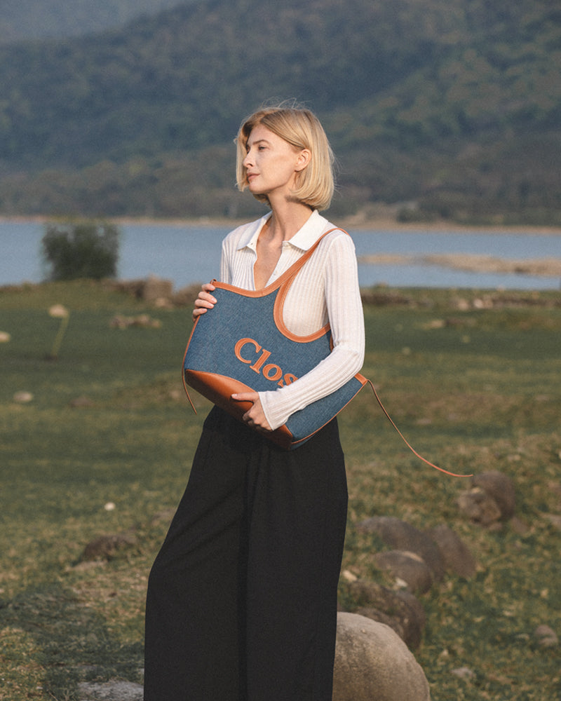 Vastote series top-grain leather and denim patchwork tote bag