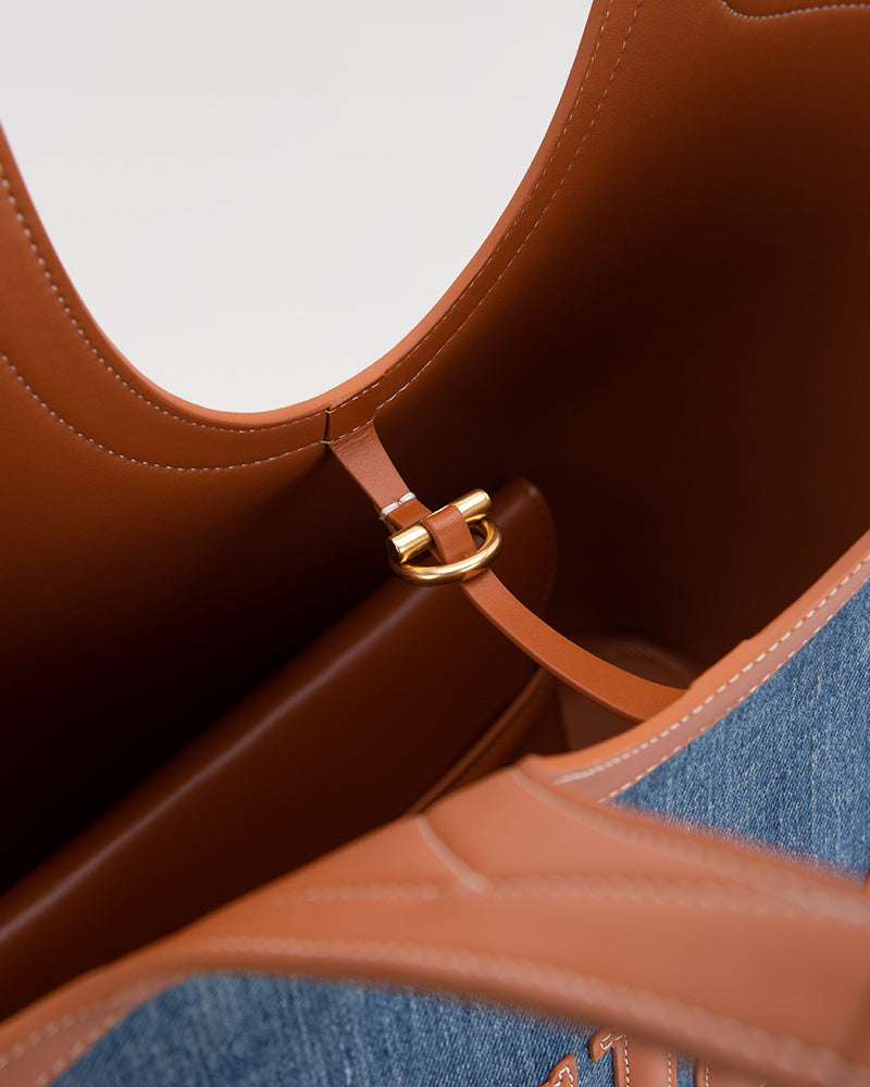 Vastote series top-grain leather and denim patchwork tote bag