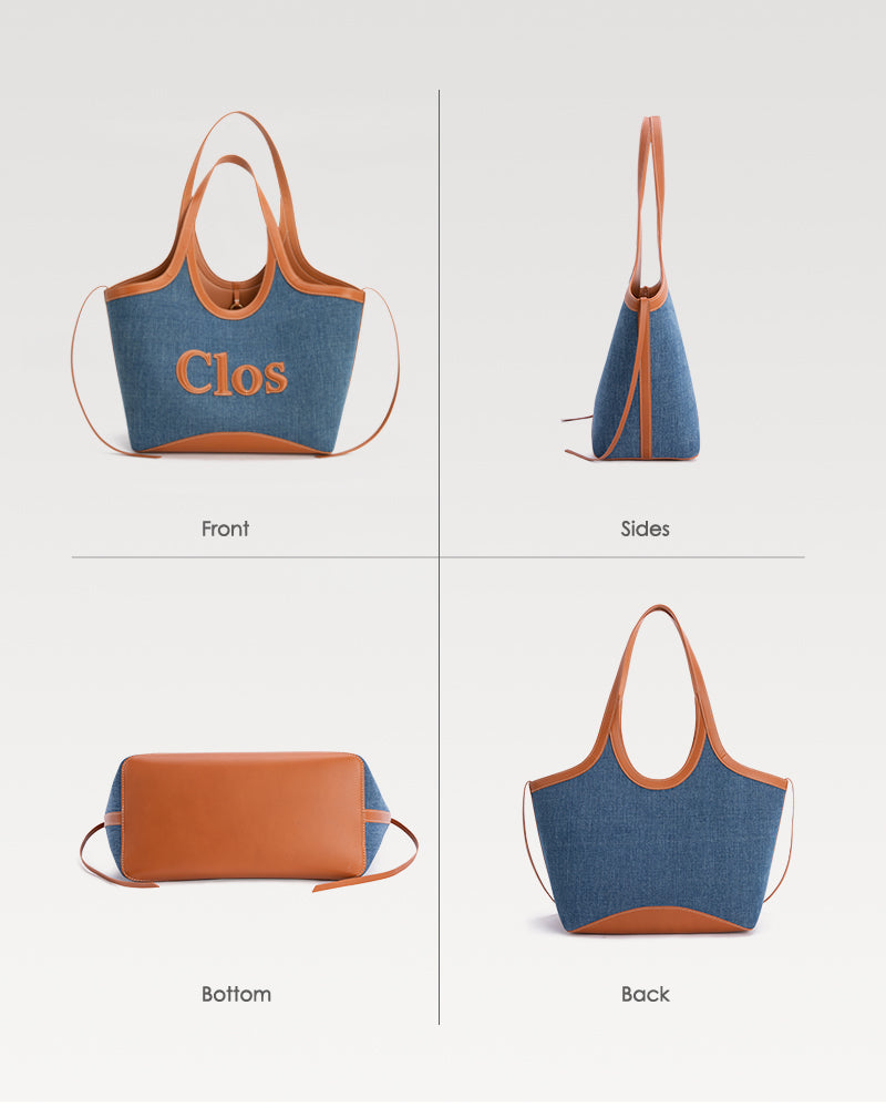 Vastote series top-grain leather and denim patchwork tote bag